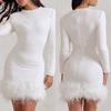 Women's Sequin Feather Trim Mini Dress Long Sleeve Sexy Shiny Bodycon