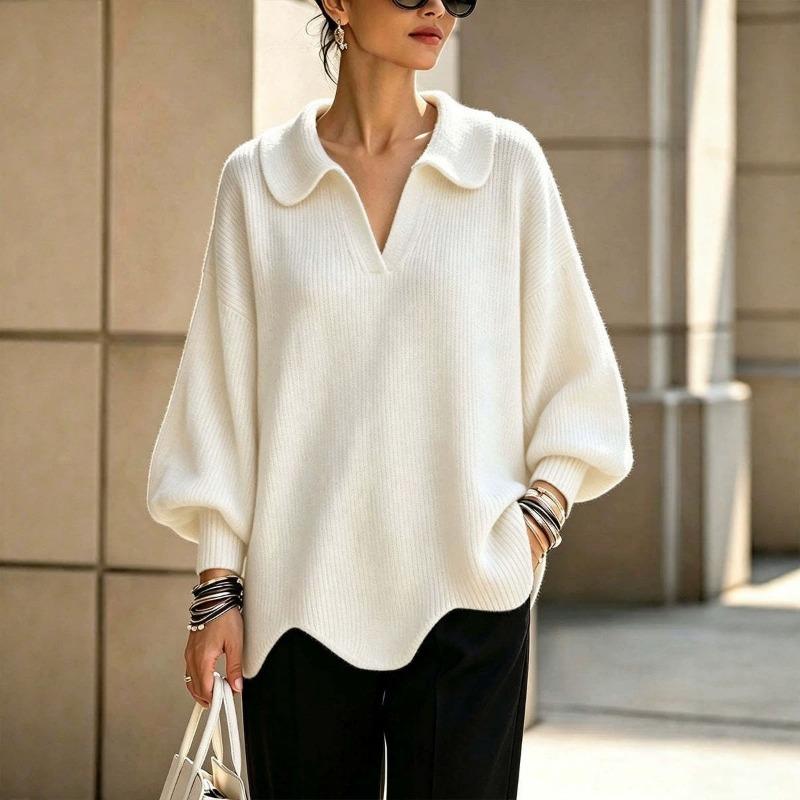 Women S V Neck Lantern Sleeve Solid Knit Sweater Loose Fit Fall Winter