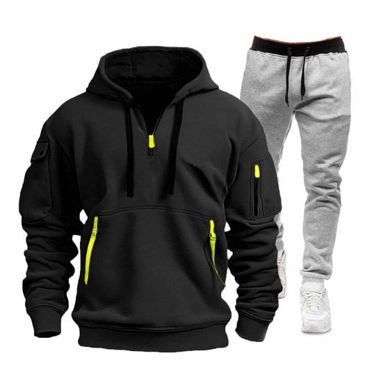 2Pcs/Set Men Sports Suit Hooded Drawstring Long Sleeve Pockets Sweatshirt Elastic Waist