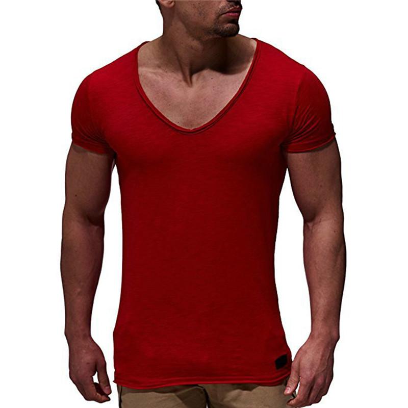 V-Neck Short Sleeve T-shirt Top Slim Muscle Casual T-shirt Men