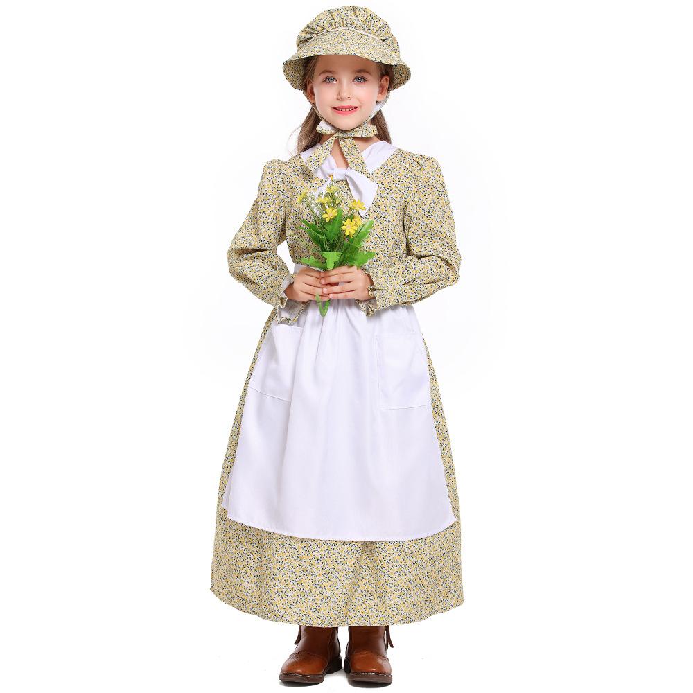 Kids Girls Drama Colonies Pastoral Farm Maid Floral Dress Apron Hat Set Halloween Cosplay Costumes Role Play Outfit