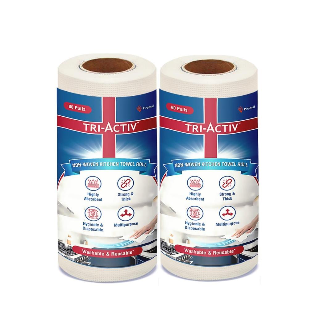 Tri-Activ Washable Reusable Kitchen Towel Roll Pack of 2 | 80 Pulls Per Roll 160 Sheets | Absorbent Non Woven White Kitchen Tissue Roll