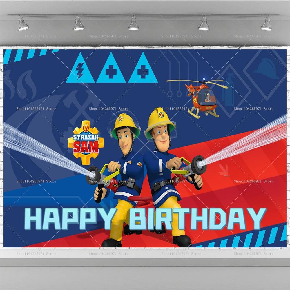 Boys Birthday Baby Shower Backdrop Cartoon Fireman Sam Design Indoor Wall Decor Kids Studio Portrait Photography Gift Supplies