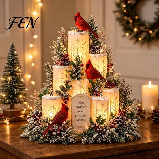 Christmas Cardinals Table Centerpiece Lighted Centerpiece, Memorial Red Bird Figurine, Light Up Ornament for Home Mantel, Sympathy Remembrance