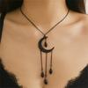 Luxury Black Tassel Long Crystal Moon Drop,Dangle Pendant Necklace,Exquisite Dark Gothic Style, Crescent Moon Light Design