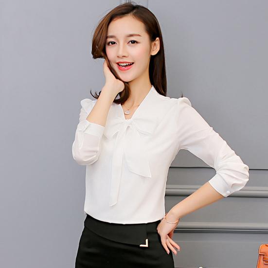 Весенне-летняя женская рубашка с бантом на шнуровке, топы с длинным рукавом, однотонная, повседневная шифоновая блузка, рабочая одежда