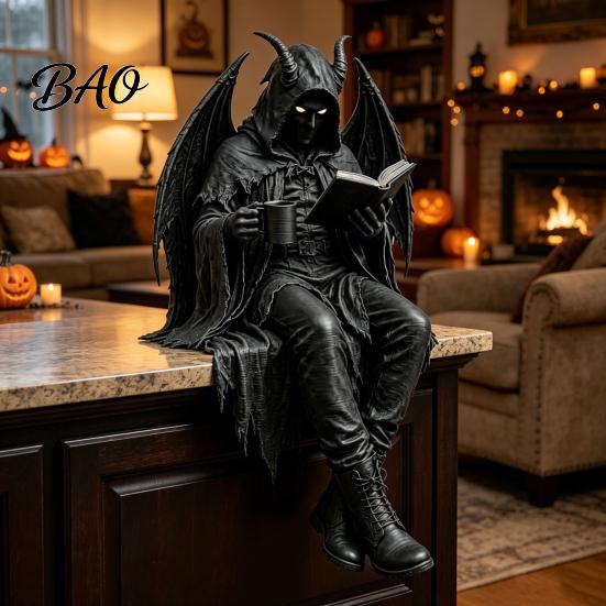 Bookshelf Decoration Sitting Skeleton Bookend Ornament, Matte Black Dark Hooded Figure Ornament for Desktop Study Room, Industrial Style Home Decor
