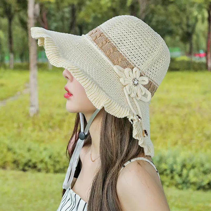 WTEMPO Women Spring Summer Wide Brim Flower Solid Color Sun Hats Outdoor Breathable Foldable Beach Sunscreen Hats