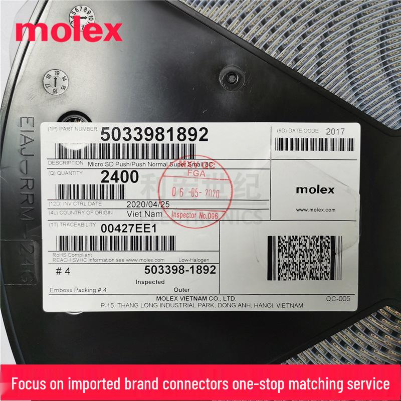 Molex 503398-1892 Подпружиненный держатель для карт Micro SD, Нажимной слот для карт TF