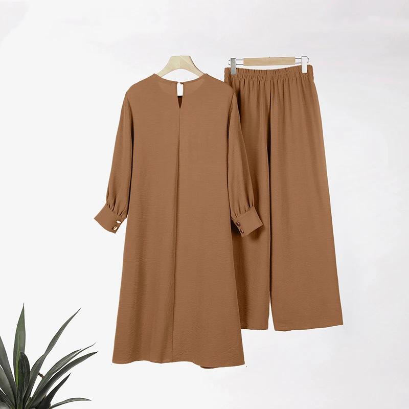 2024 Elegant Muslim Women's Two-Piece Set: Long Sleeve Shirt & Wide-Leg Pants with Side Slit
