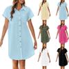 Women's Loose Casual Solid Color Stand Up Collar Pocket Button Short Sleeved Dress Shirt Dress