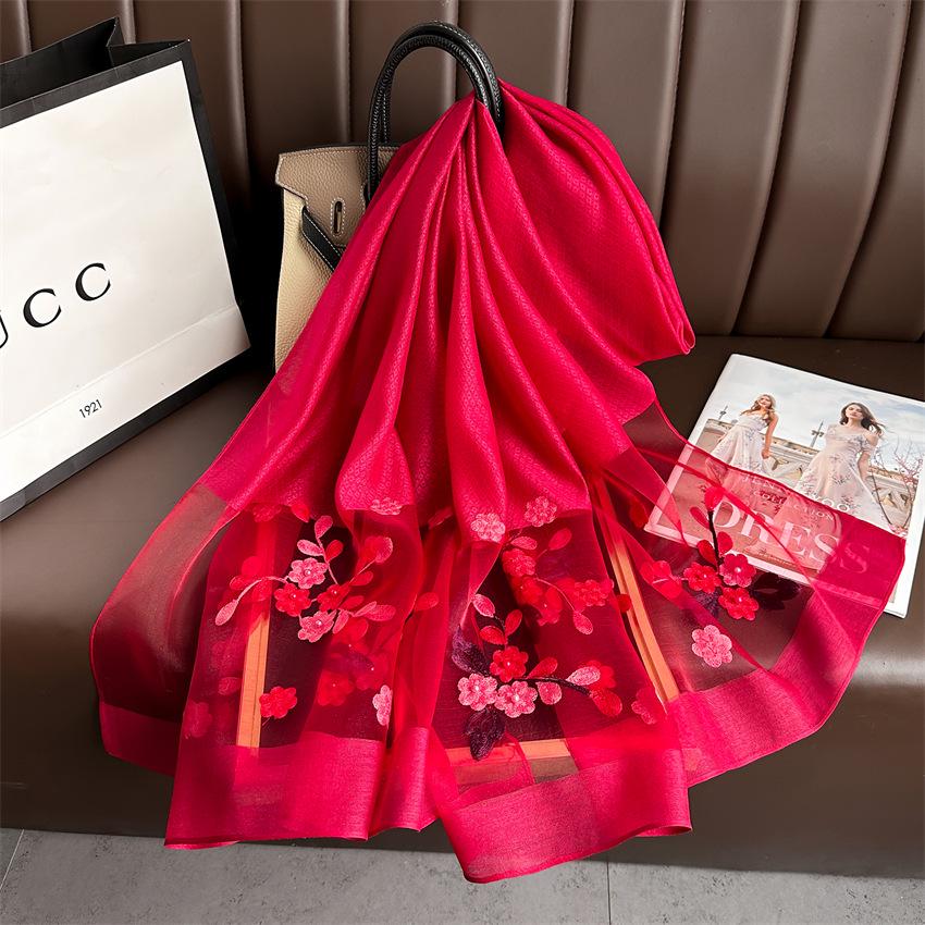 Elegant Silk Wool Embroidered Crabapple Flower Scarf - Double Layer, Thin, Large Shawl, Solid Color, All-Season Accessory.