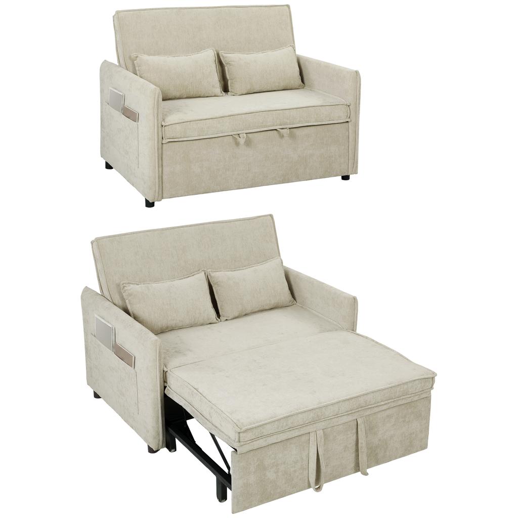 Convertible 2 Seater Sofa 3 In 1 Chenille Sofa Bed 125 Cm With Adjustable Backrest Wide Seat 2 Pillows Cream