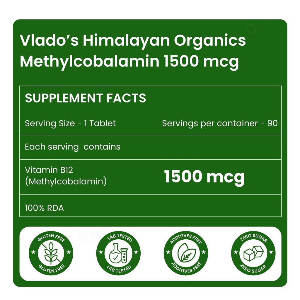 Таблетки Витамина B12 Vlado's Himalayan Organics 1500 мкг Активный Метилкобаламин Добавка для Мужчин и Женщин