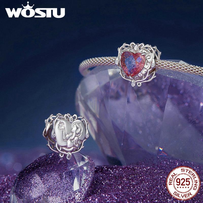 WOSTU 925 Sterling Silver Vintage Castle Beads Magic Mirror Pendant Red Crystal Heart Beads Fit Original Bracelet DIY Punk Gift