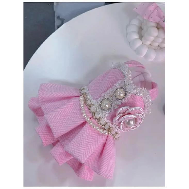 Girly Pink Puppy Dress Camellia Pearl Chain Lace Trim Princess Bow Headband Warm Pet Clothes Chihuahua Small Dogs Winter Outfit
