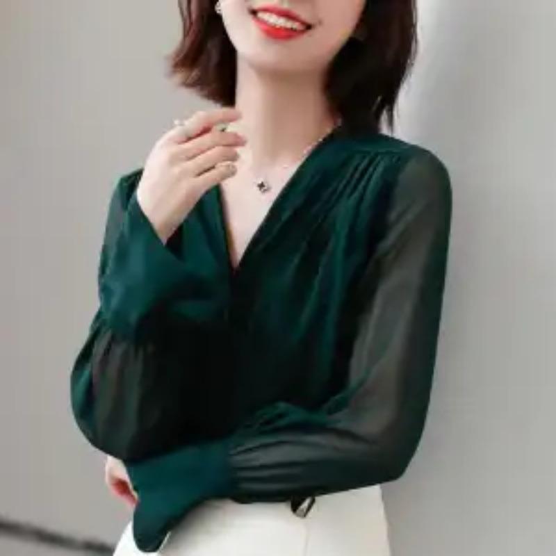 Women's Clothing Chiffon Blouse Spring Fall V-Neck Long Sleeve Slim Fit Retro Minimalist Elegant Feminine Office Chic Solid