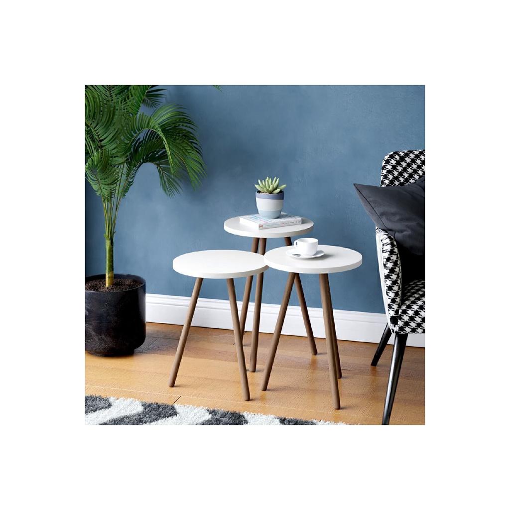 Colorful Triple Nesting Coffee Table Wooden Legs Round Pastel Design White