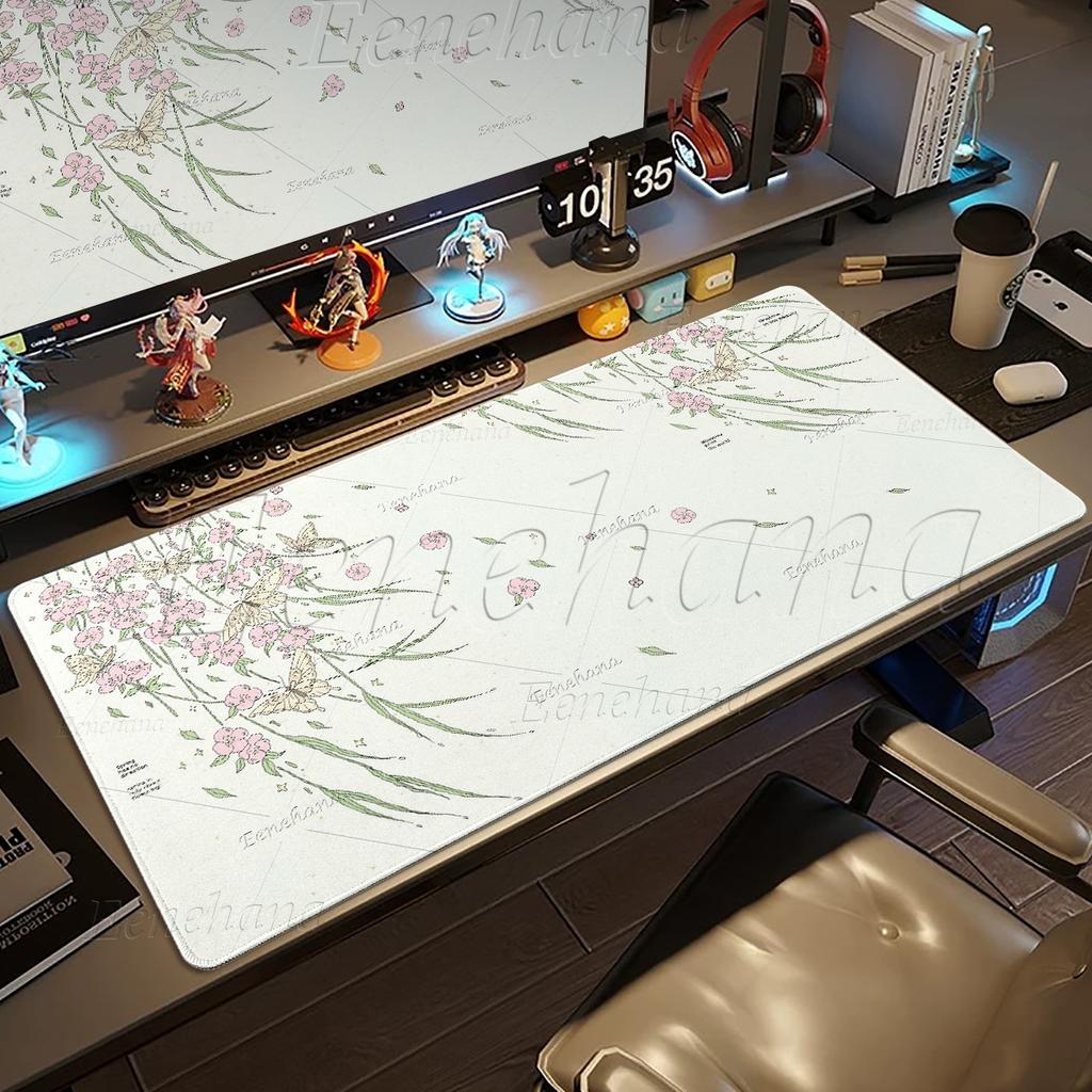 Little Fresh Butterfly Flower Mouse Pad Computer PC Gamer XXL Light Gray Green Non-slip Keyboard Gaming Accessories Japanese Mat