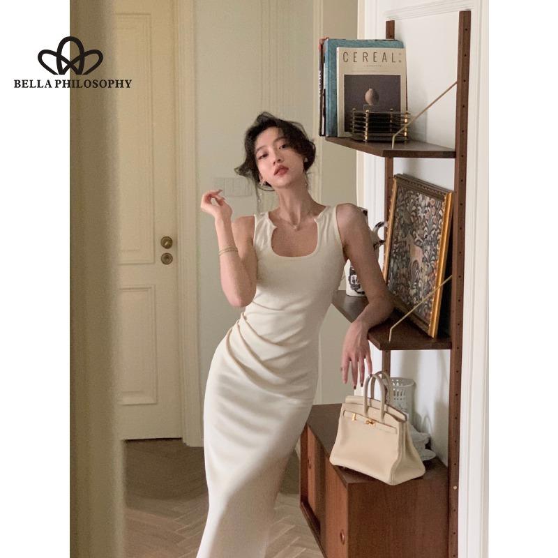 Сплошное цветное трикотажное платье на бретельках, женское летнее корейское стильное новое элегантное длинное платье с плиссированной талией и бедрами