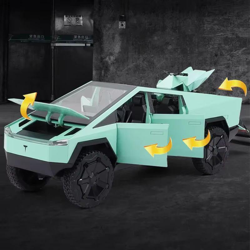 Tesla Cybertruck 1:24 Литая модель автомобиля из сплава Пикап Звук Освещение Открывающаяся дверь Багажник Коллекционный Подарок Для мальчиков День рождения Игрушка