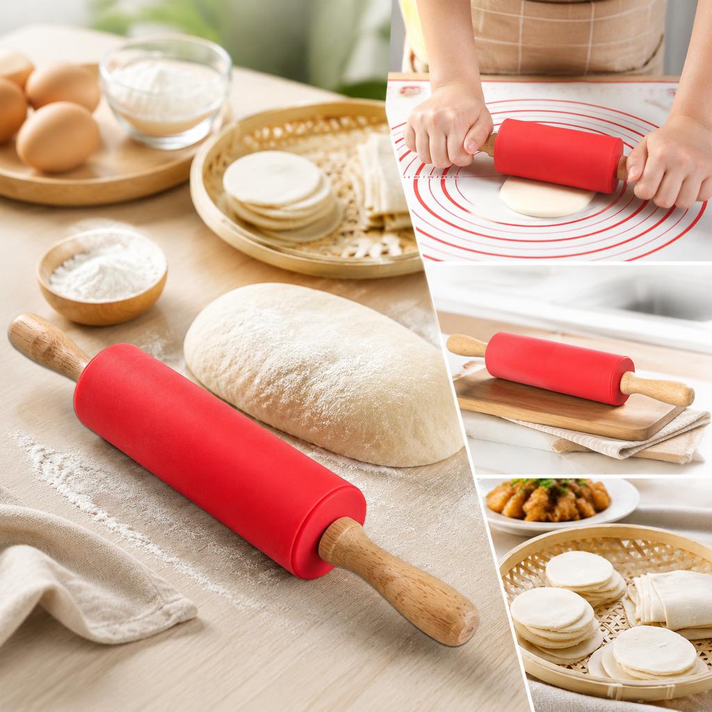 Rolling Pin Red Small Kitchen Dough Roller with Wood-Look Handles for Dumpling Wrappers Pastry Flatbread and Cookie Prep