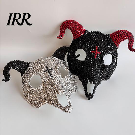 Unique Skull Costume Mask Halloween Rhinestone Full Face Mask, Black White Ram Horn Handmade Masquerade Sparkly Crystal Glitter Party for Adults