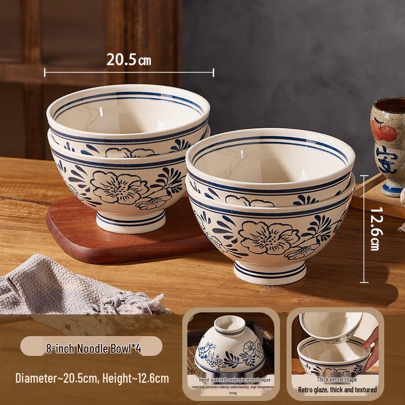 Retro Hand-Painted Blue & White Large Noodle Bowl - High-Footed Porcelain for Creative Dining