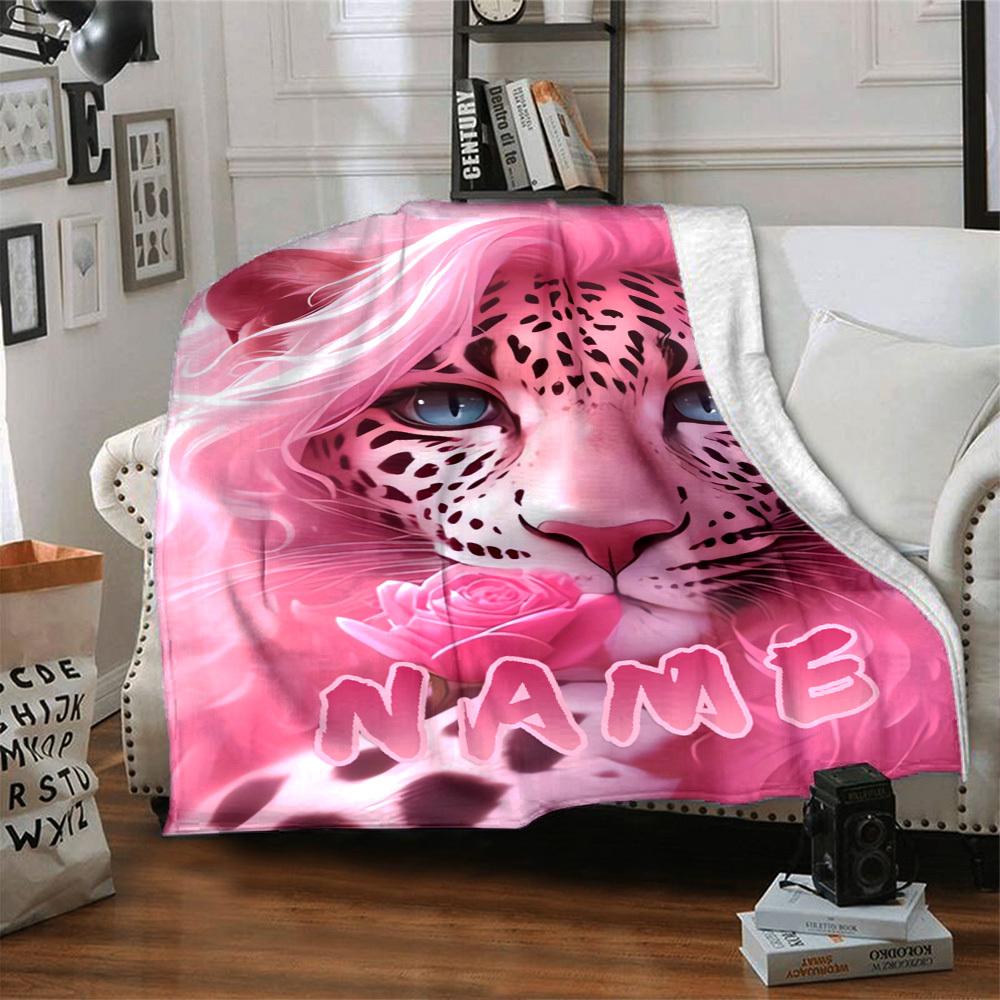 Pink Leopard With Rose And Gift Personalized Blanket Personalized Name Soft Warm Cozy Suitable For Sofa Couch Office Bed Picnics Four Seasons