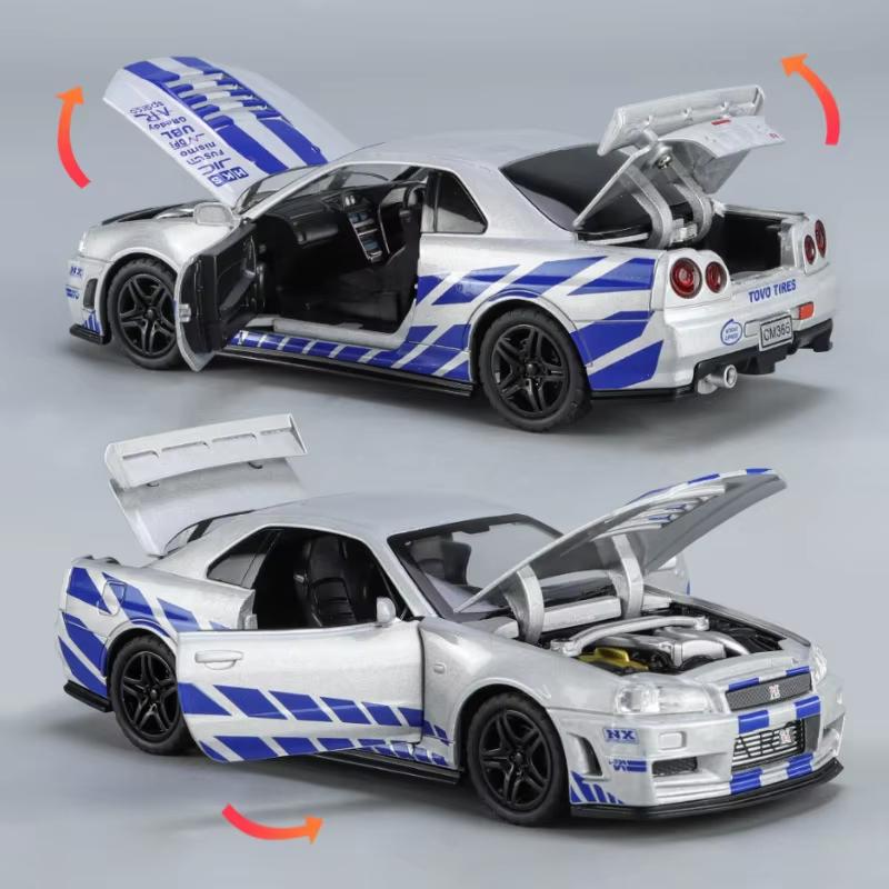 New 1:32 GTR R34 Alloy Sports Car Model Die-cast Toy Racing Car Model Simulation Sound and Light Pull Back Children Boy Trend Collection Gift