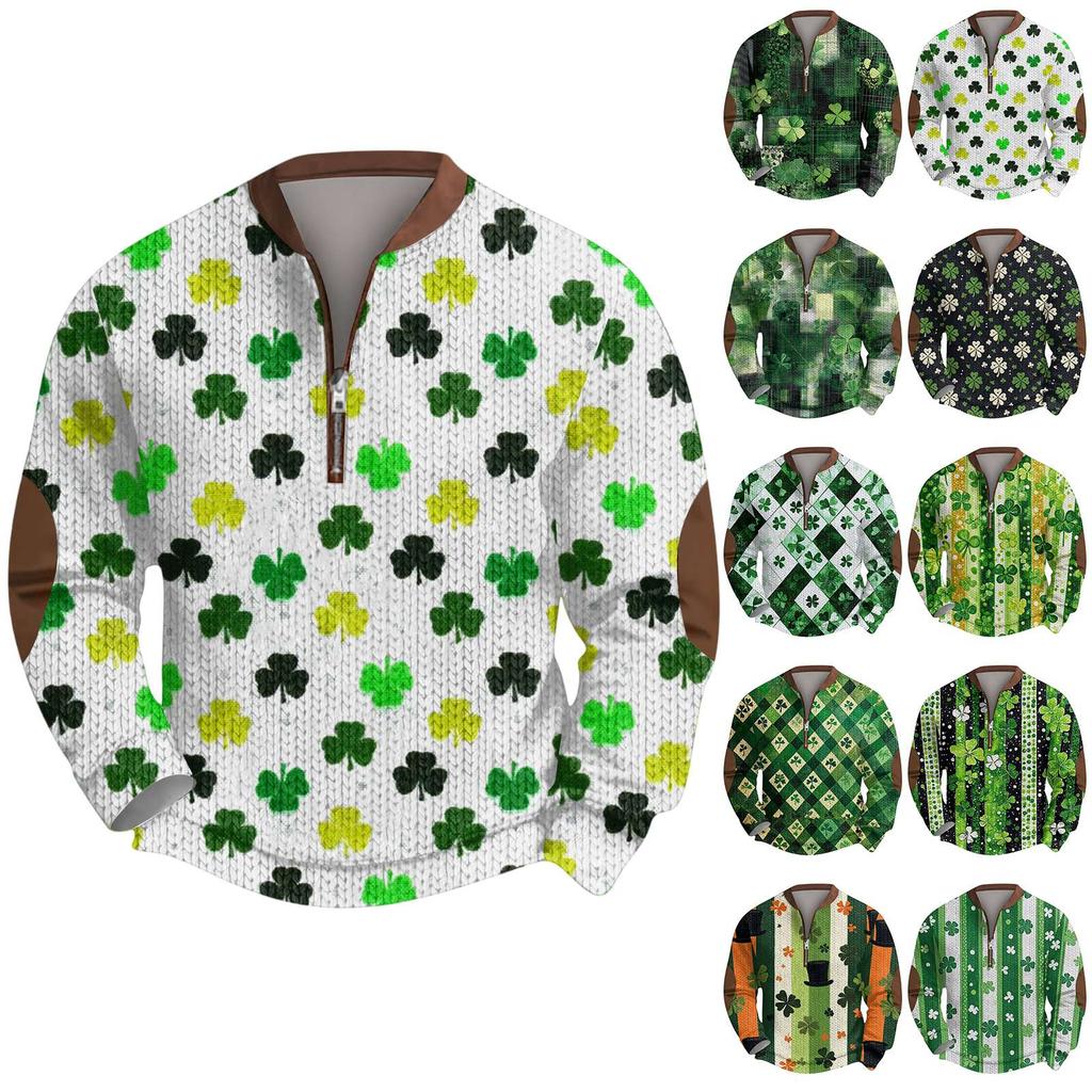 Мужской рождественский свитер на молнии, винтажный вязаный графический свитшот St. Пуловер с воротником-стойкой на День святого Патрика