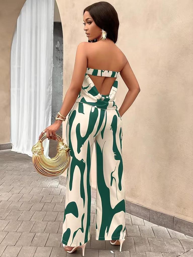 Summer 2026 Women's Printed Strapless Backless Top and Wide-Leg Pants Set
