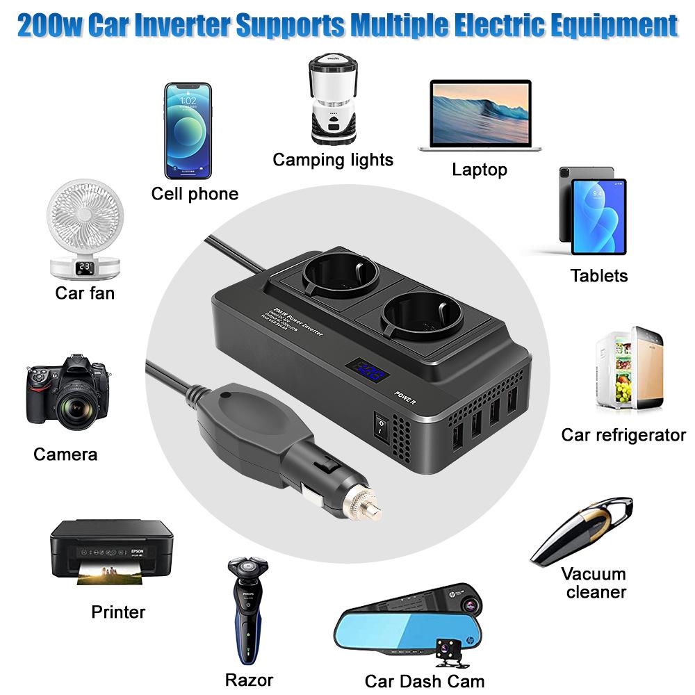 200W 12V Car Power Inverter with 2 Sockets & 4 USB Ports for Mobile Charging
