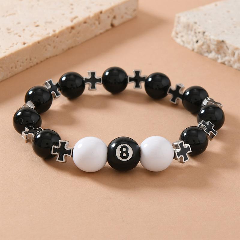 Billiard Black Ball 8 Beads Bracelet Men Women Handmade Cross Lucky Elastic Bracelet Male Hip Hop Jewelry Accessories