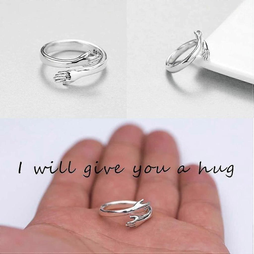 2 Pcs Hug Ring 925 Sterling Silver Plated Hand Rings For Women Girls, Adjustable