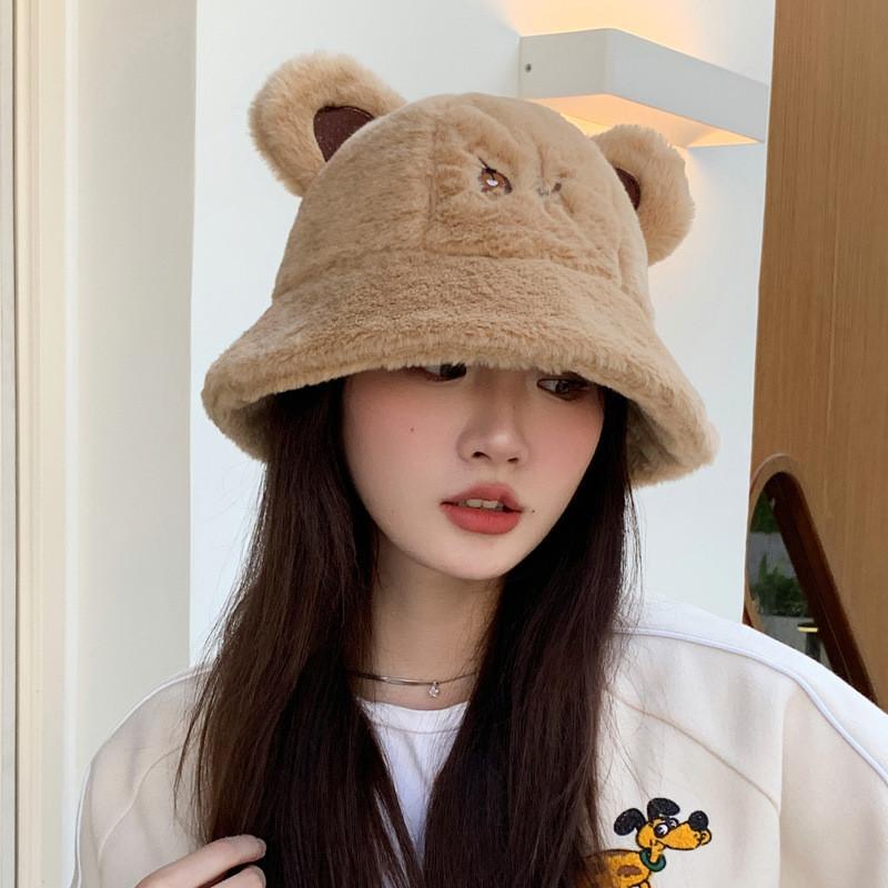 Ear Bear Ok Letter Embroidery Plush Fisherman Hat Bucket Cap Sun Protection