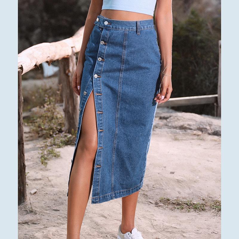 Женская джинсовая юбка с высокой талией, однобортная, облегающая бедра
