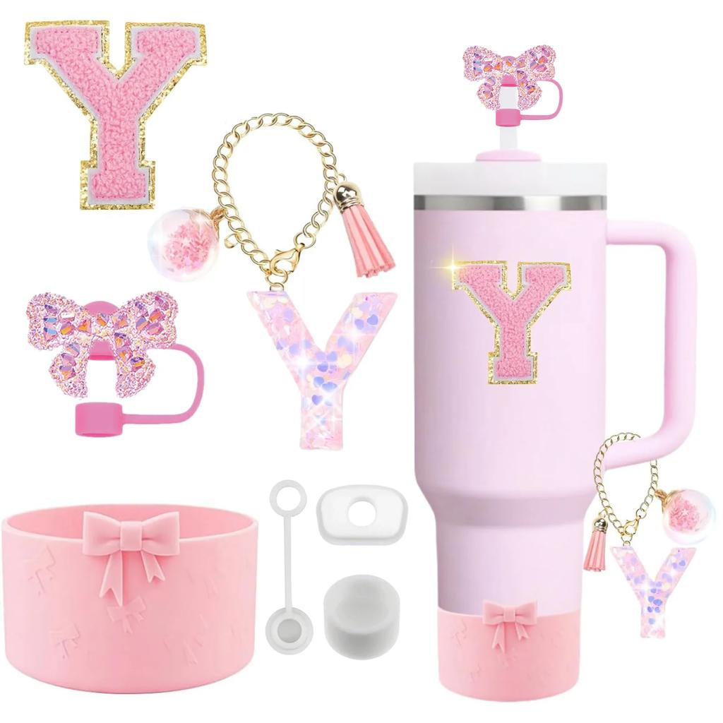 7PCS Pink Accessories for Stanley Cup 30/40 Oz Tumbler with Handle Bow Straw Topper Cover Cap Boot Initials Charm Letter Sticker
