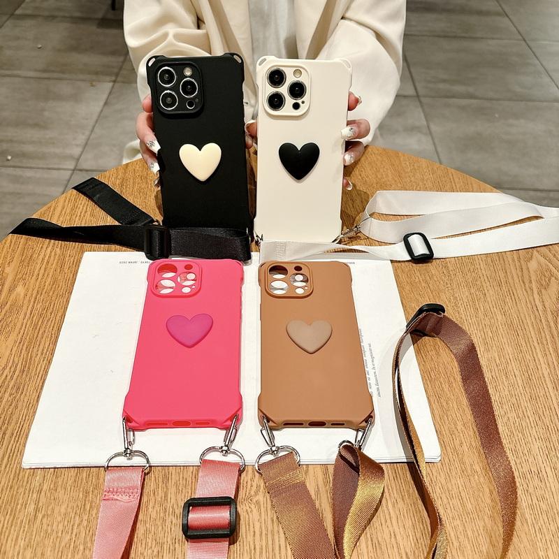 Чистый цветной чехол для iPhone 15 14 13 Pro Max 12 Pro 11 противоударный ТПУ мягкий регулируемый широкий ремешок с сердечком для телефона