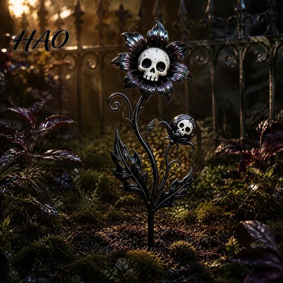 Outdoor Holiday Landscapes Halloween Garden Stake, Waterproof Spooky Skull Flower Lawn Art, 2D Creepy Decorative Mysterious Backyard Accents