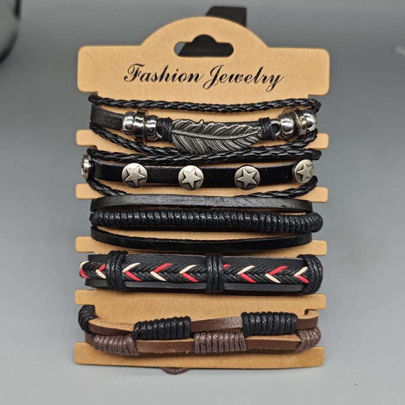 Набор кожаных браслетов с регулируемым шнурком, подвесками-перьями и листьями – Винтажный сплав, Звезда, Плетеная коллекция из 5 предметов