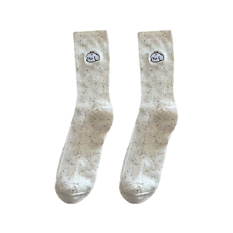 Cute Cartoon Embroidery Mid-Calf Ruffle Socks for Women - Cotton Casual Spring/Autumn Wear