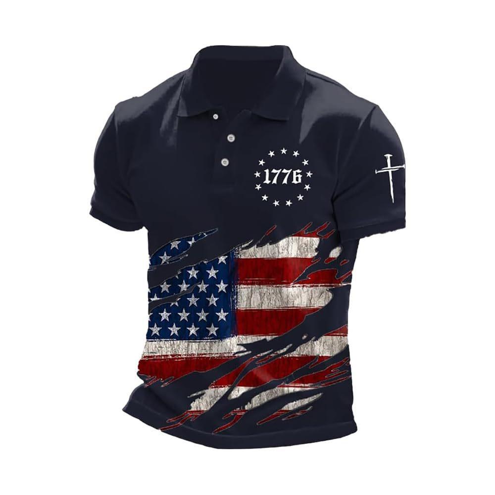 Patriotic 1776 Flag Print Short Sleeve Polo, Stylish Casual Top