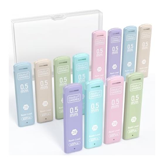 Four Candies 0.5mm Lead Refills, 720 Pencils, 2B, Break-Resistant, 12 Tubes (60 Leads Each), Colorful Lead Cases in 6 Macaron Colors, Fresh &
