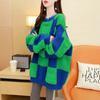 Pullover Sweater Female Autumn Winter Design Female Small Blue Green Stitching Plaid Sweater Female New Lazy Sweater Tops