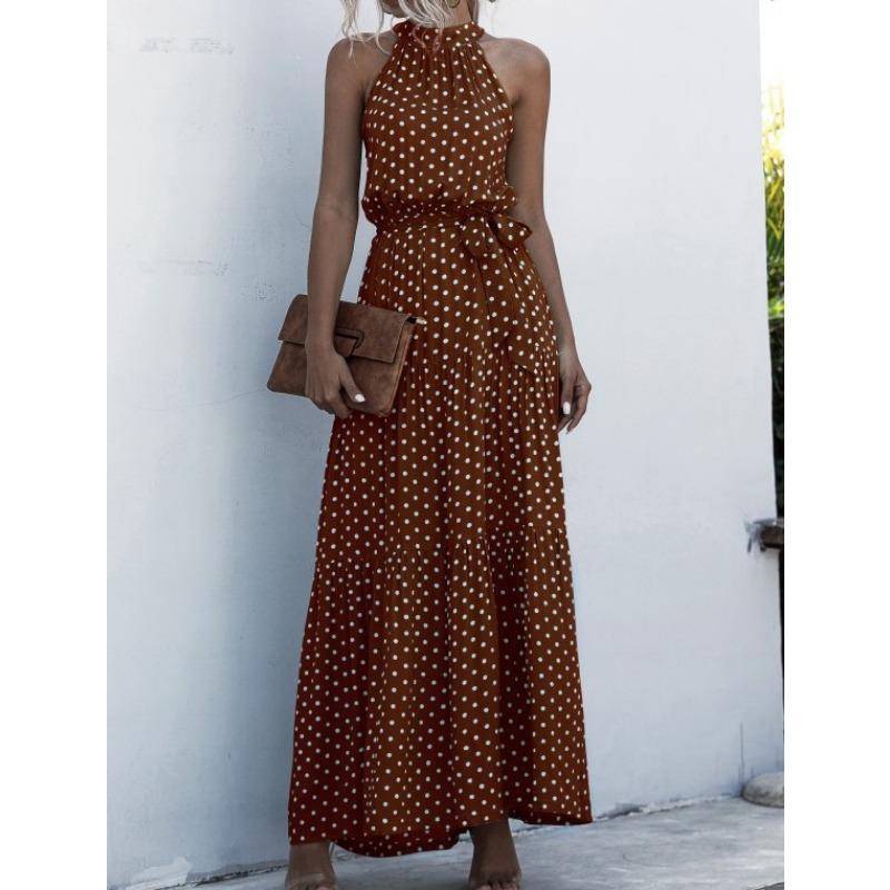 Summer Women's Dress Polka Dot Printed Long Dress Hanging Neck Tie Dresses