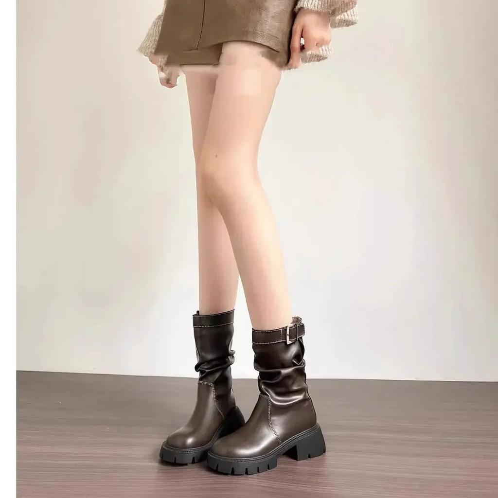 Женские полусапоги на платформе средней высоты с круглым носком по акции Gyaru Зима 2024 Новинка Новый тренд ПУ Женские ботинки до середины икры