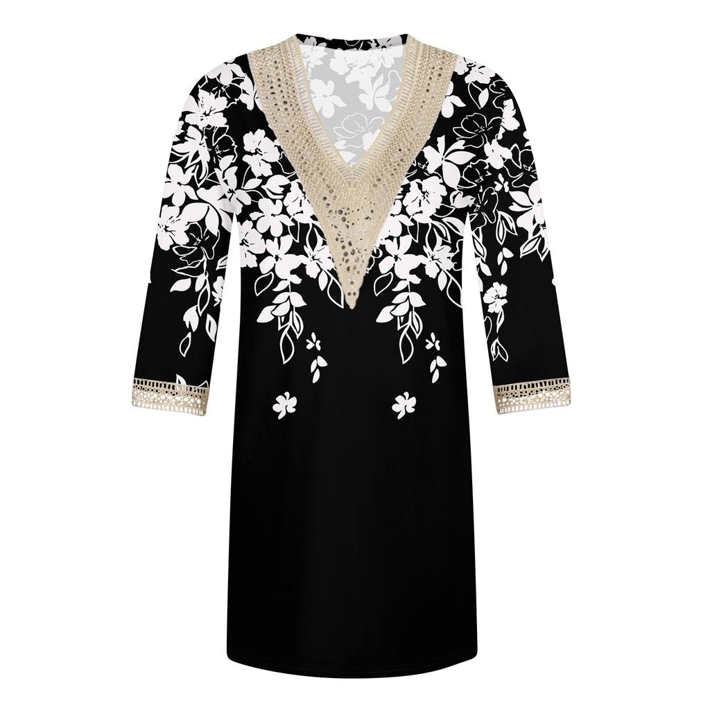 Летние платья для женщин, модное повседневное свободное кружевное платье с V-образным вырезом и рукавами 3/4 с принтом