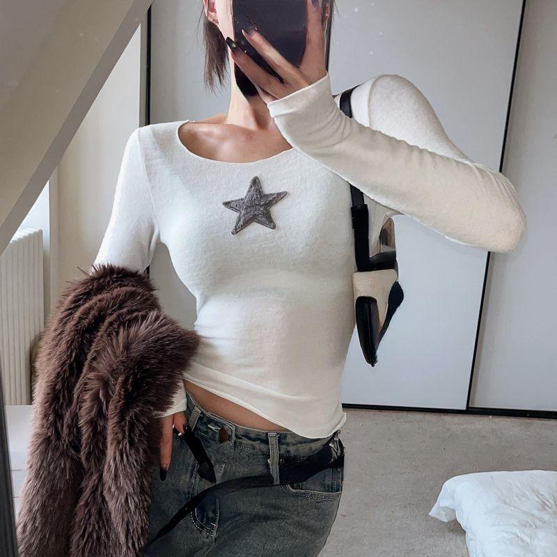 Женские футболки Y2K в стиле ретро со звездами в стиле Харадзюку, тонкие базовые укороченные топы в стиле гранж, винтажные повседневные футболки с длинными рукавами, эстетические