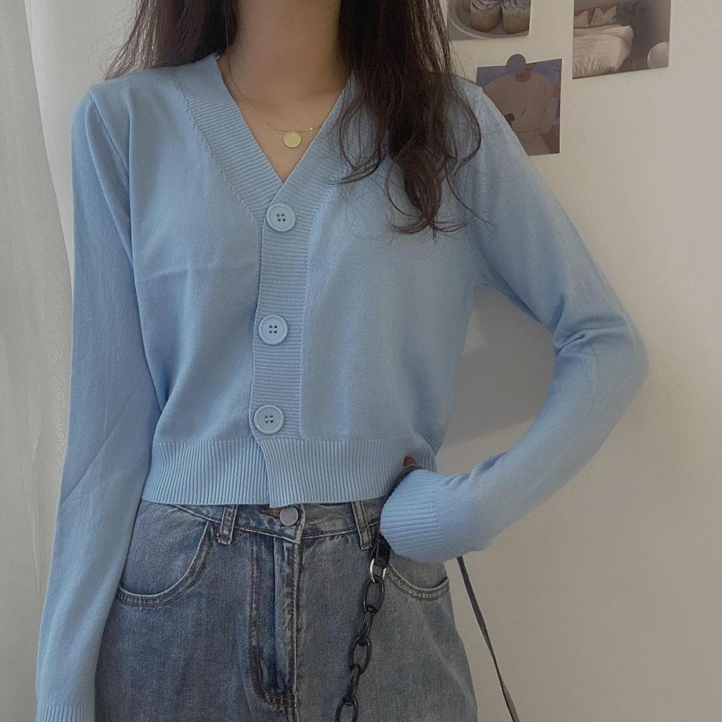 Однобортный пуловер с v-образным вырезом на пуговицах, свитера для женщин, осень-весна, короткий рукав с длинным рукавом, маленькая свежая верхняя одежда, вязаные топы-кардиганы, один размер, однотонный
